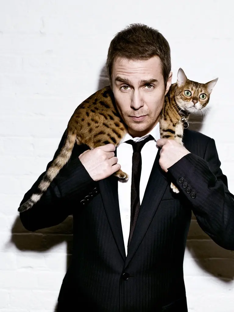 Sam Rockwell with a Bengal on the cover of Malibu Magazine